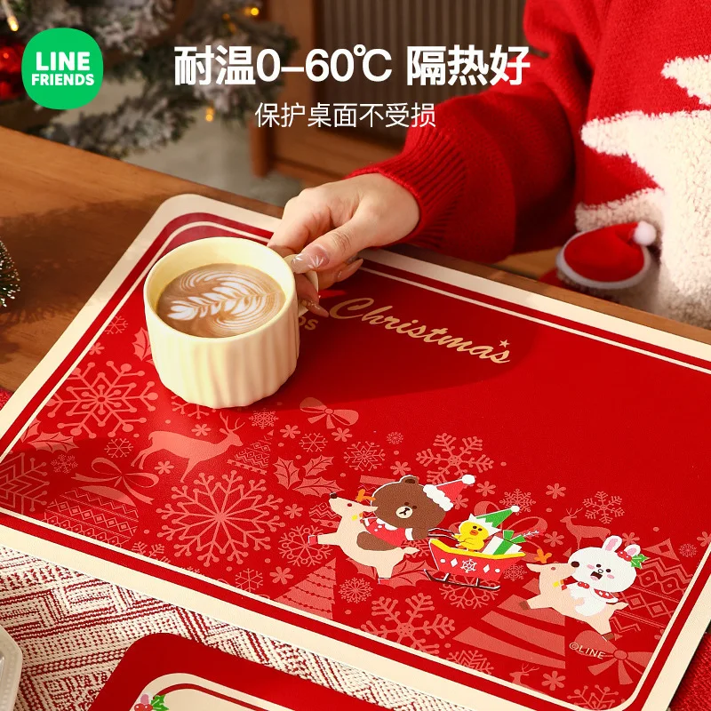 Line Friends Red Christmas Brown Dining Table Insulation Mat Anti-scalding Oil-proof Western Food Mat Home Leather Dish Mat Gift