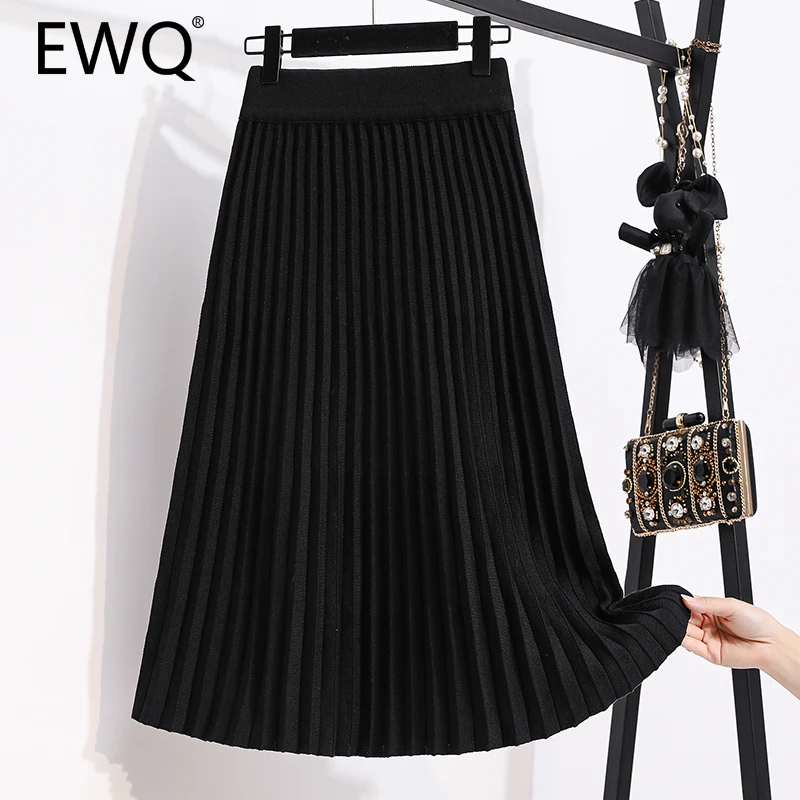 EWQ Pleated Skirt Women's High Waist Solid Color Minimalism All-match Casual Ankle-length Skirts 2025 Spring New 27X9254