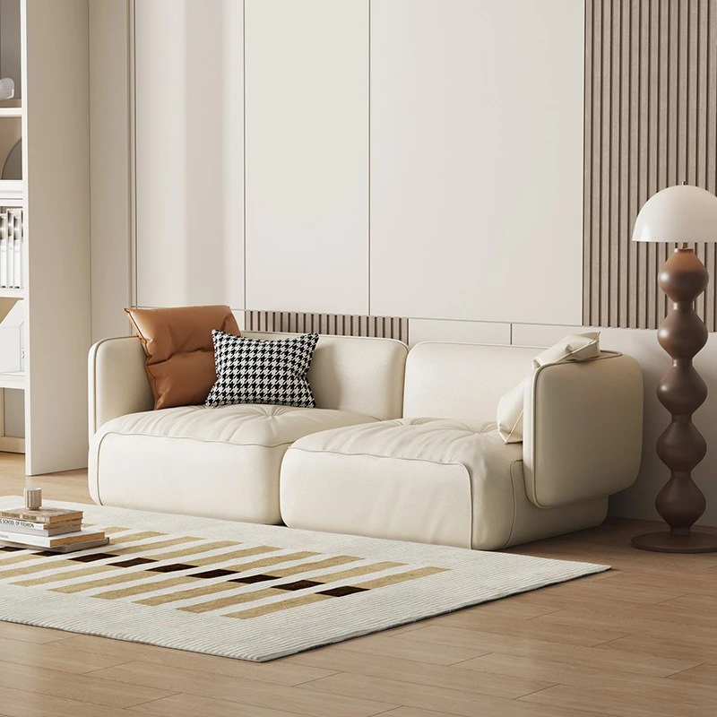 Three-person cream wind sofa leather straight row living room modern sofa light luxury small canapé modulable home furniture