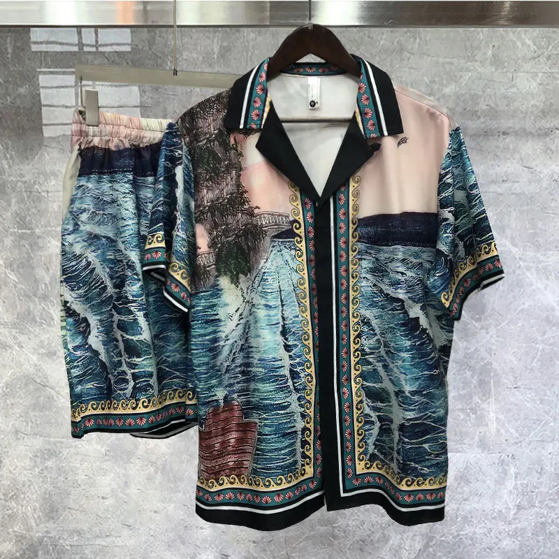 

2023 Vintage Pattern Lapel Streetwear Shirt Suit Art Landscape Print Short-sleeved Shirt Set Short Top For Men Casual Sets Homme