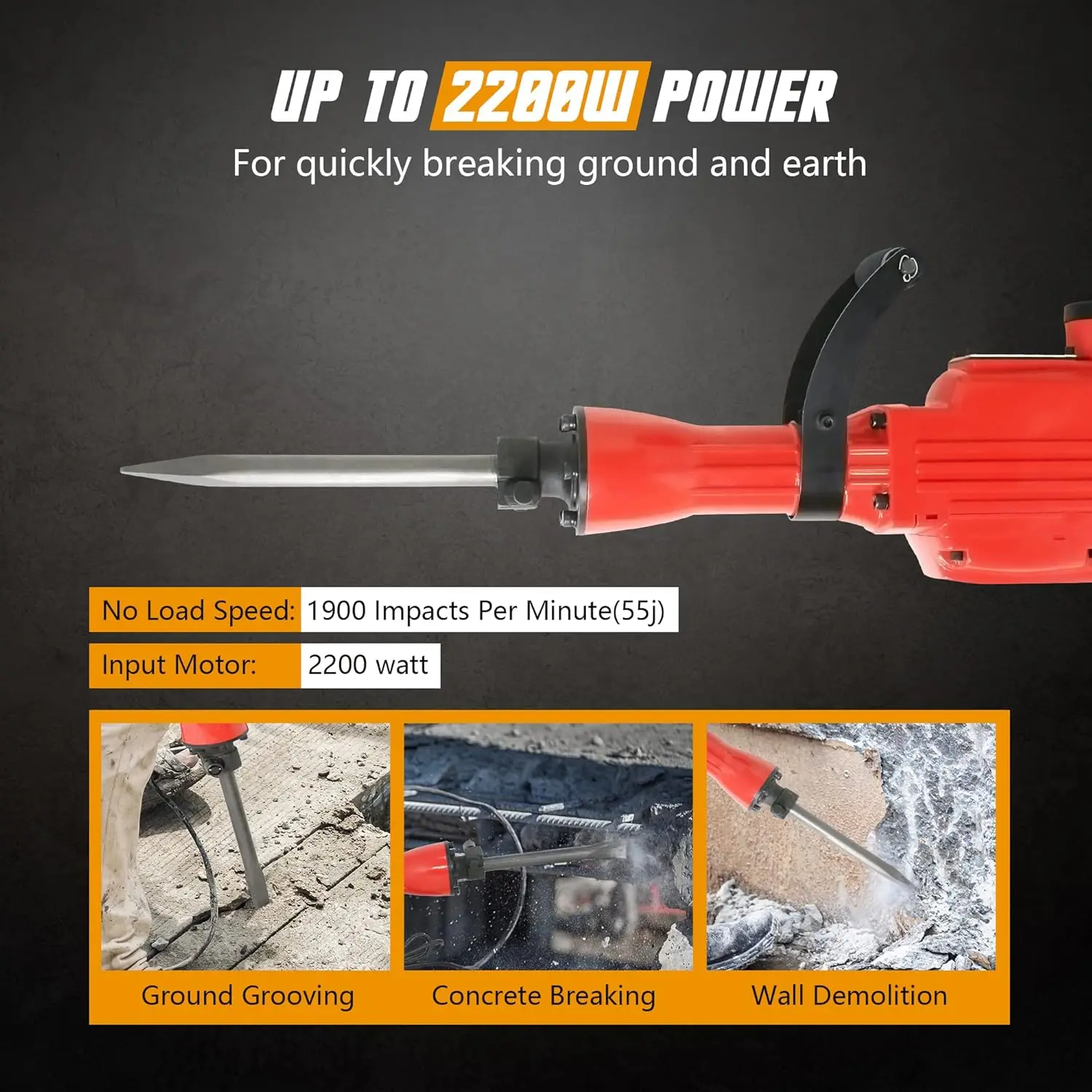 2200W Heavy Duty Electric Demolition Jack Hammer Concrete Breaker Power Tool Kit 2 Chisel 2 Punch Bit Set W/Case, Gloves