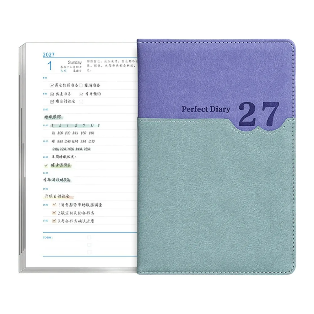New PU 2027 Daily Planner Ribbon Bookmark Thick Paper Weekly Agenda Stitched Cover Schedule Notebook Daily Planning