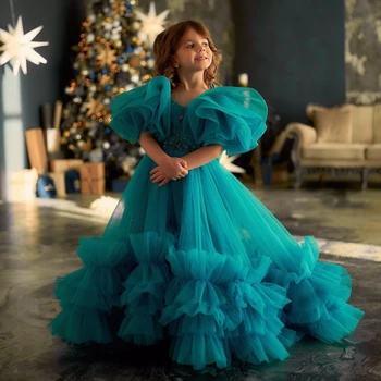 Vestidos florais personalizados para meninas, tule ciano, apliques inchados com laço, manga curta para casamento, festa de aniversário, vestidos de primeira comunhão