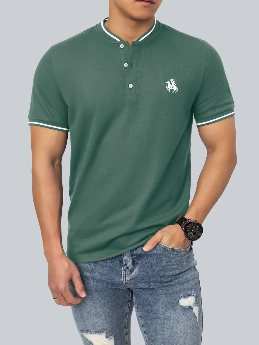 

Men's Green Henley Polo Shirt with White Trim and Embroidered Motif