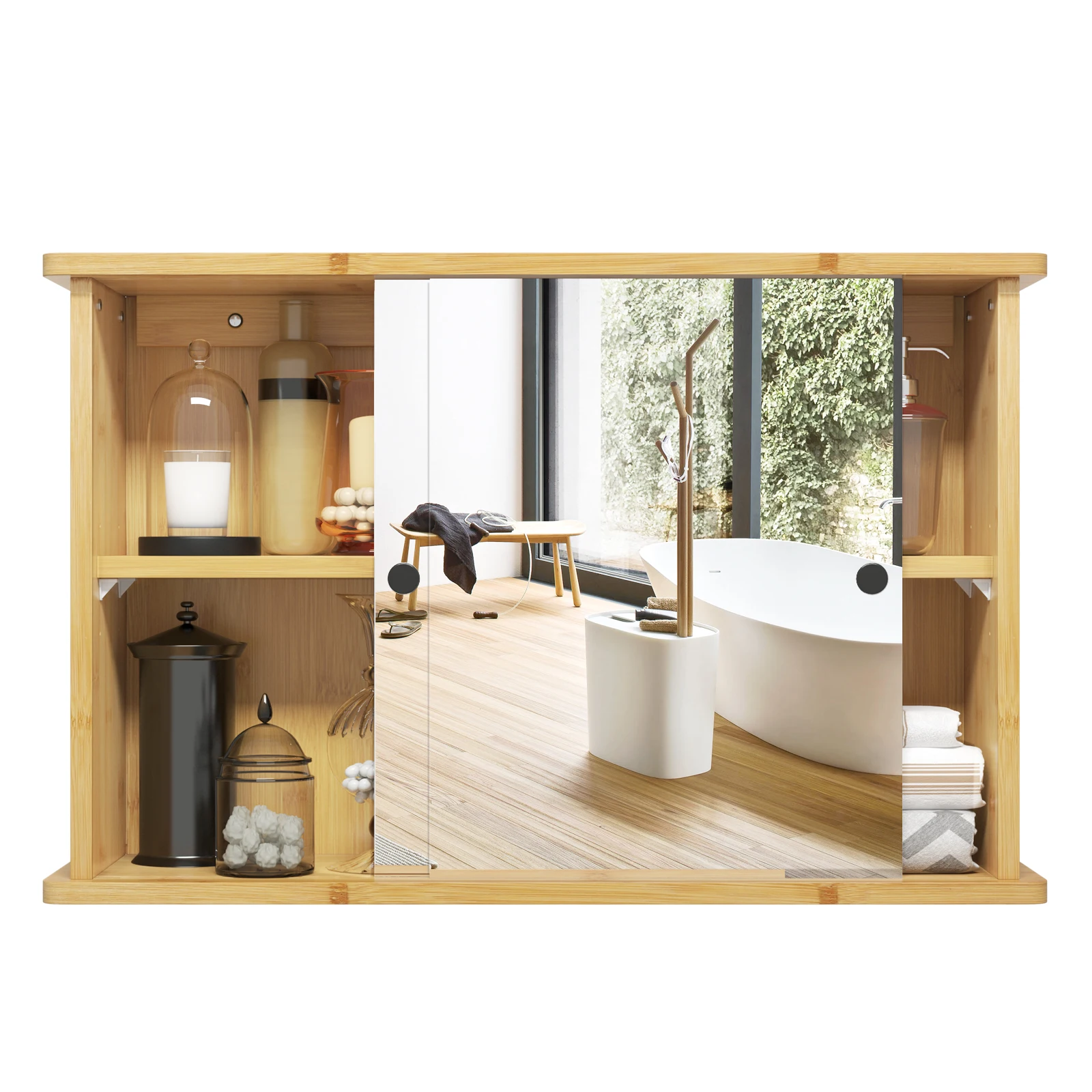EUGAD Bambus-Spiegel-Wandschrank für Badezimmer 55x14x35,5cm Waschtisch-Aufbewahrungsschrank mit Schiebetür und Verstellbarem Regal