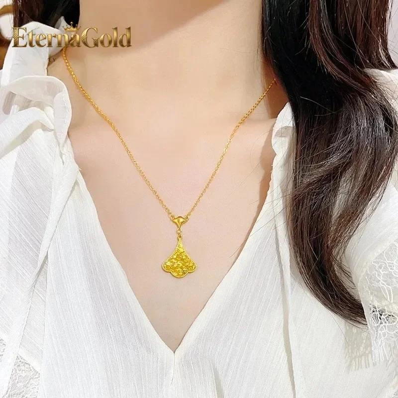 EternaGold Luxury 24K 9999 Pure Gold real gold Women's Ice Crushed Ginkgo Leaf Pendant Necklace Small Skirt Clavicle Chain