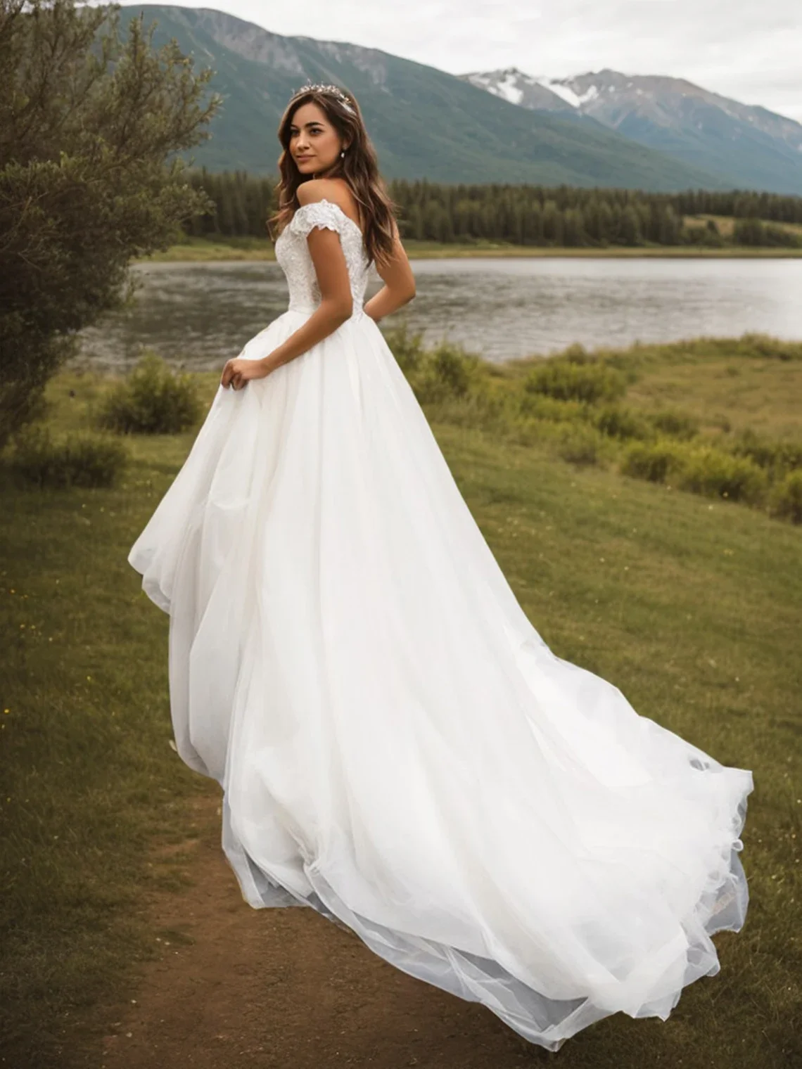 Customzied Luxury A-Line Engagement Wedding  Gown Off-the-Shoulder Chapel Train Sleeveless Tulle Appliques Bridal Gown 2025