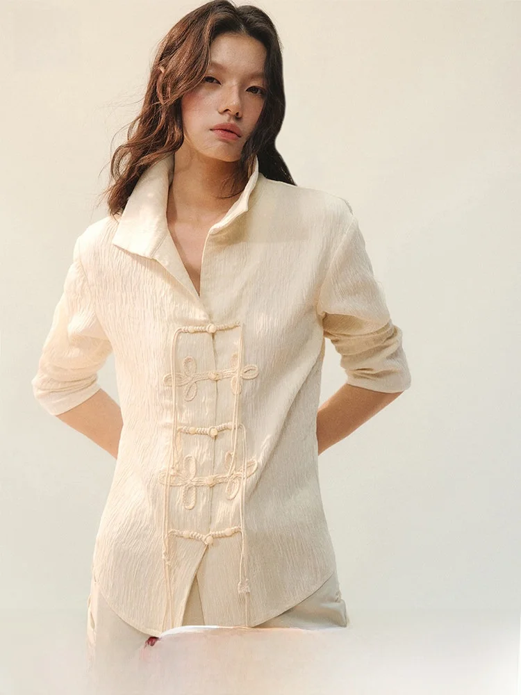 

New Chinese Style Women's Shirt Spring 2026 Retro Button up Texture Folded Top Loose Fit Long Sleeve Viscose Nylon Blend