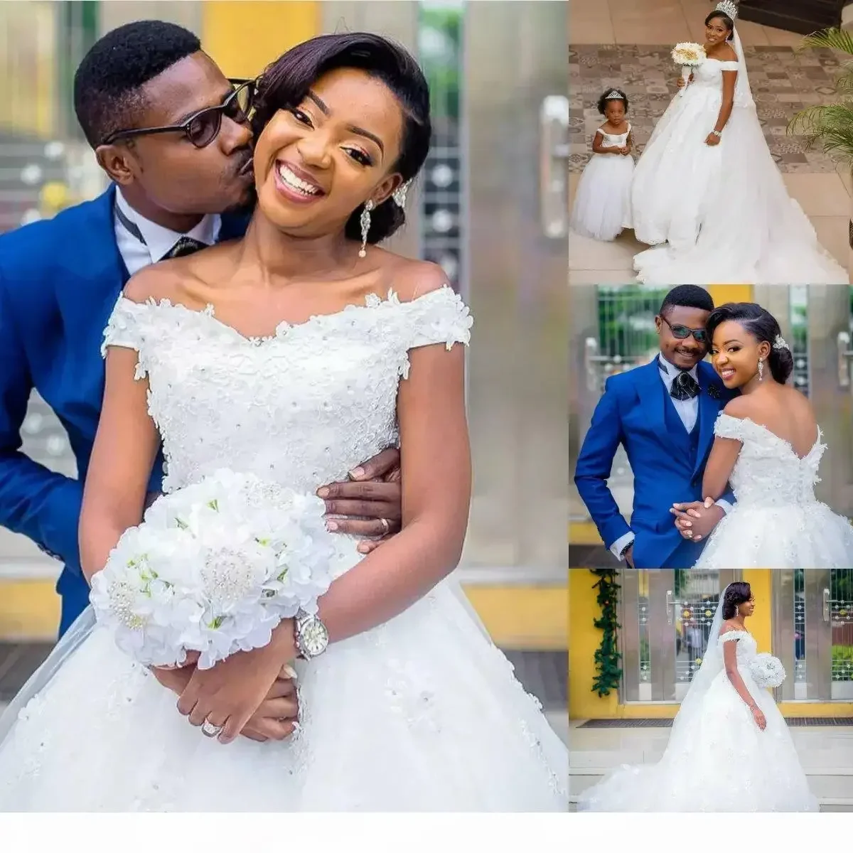 تخصيص الأفريقي حجم كبير قبالة الكتف الدانتيل يزين سويب تراين فستان الزفاف سستة تول مخصص ثوب الزفاف