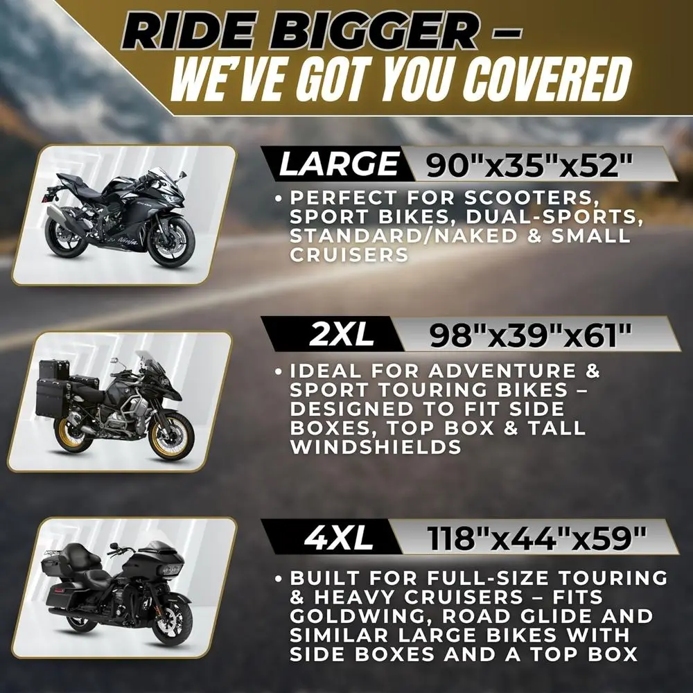 غطاء دراجة نارية عالي التحمل 600D مقاوم للماء بنسبة 100%؛ نافذة لوحة الترخيص، واقي حرارة العادم، عاكسات ليلية، فتحات قفل العجلة (