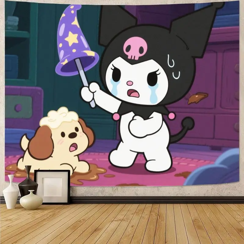 

1 шт. Sanrio Kuromi плачущий щенок беспорядок гобелен с волшебной шляпой Kawaii полиэстер настенное искусство спальня декор в общежитии подарок для девочек