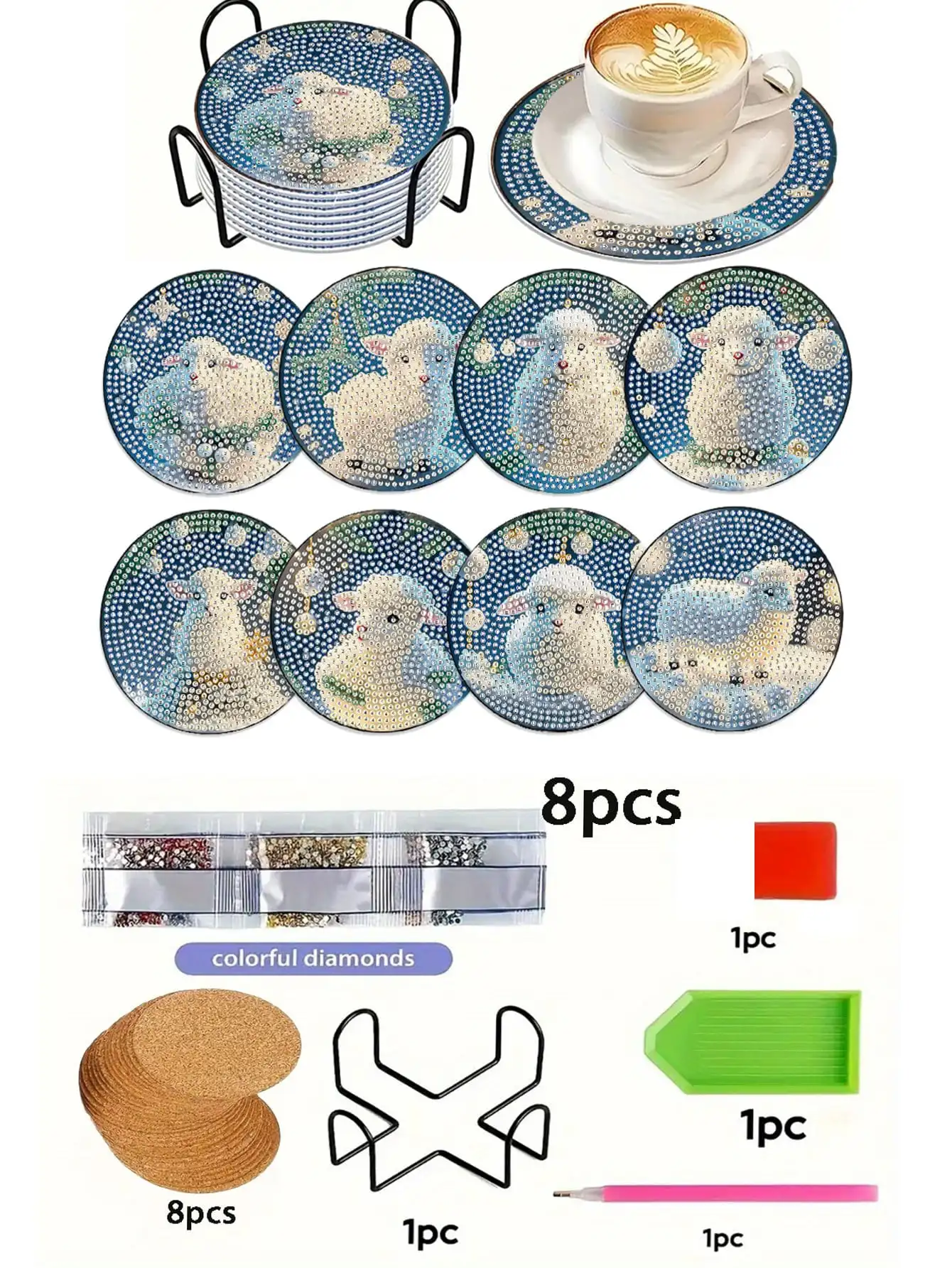 

8pcs Diamond Art Coasters With Stand + 8pcs Soft Cork Pads, DIY Diamond Art Coaster Series, Suitable For Adult Sewing 5D DIY And Beginner Diamond Painting Kits, Diamond Painting Craft Supplies, Exquisite Gift For Friends