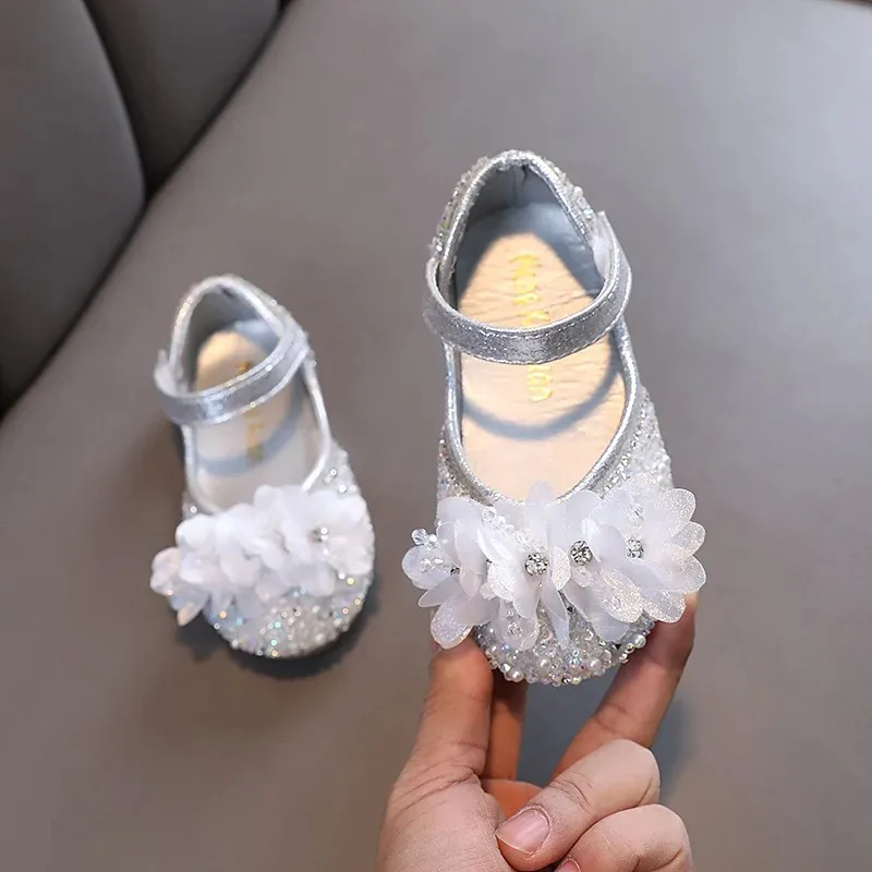

Children Autumn Princesses Sequins Pearls Performance Dance Shoes Girls Rhinestone Single Shoes Mesh Flower Velcro Leather Shoes