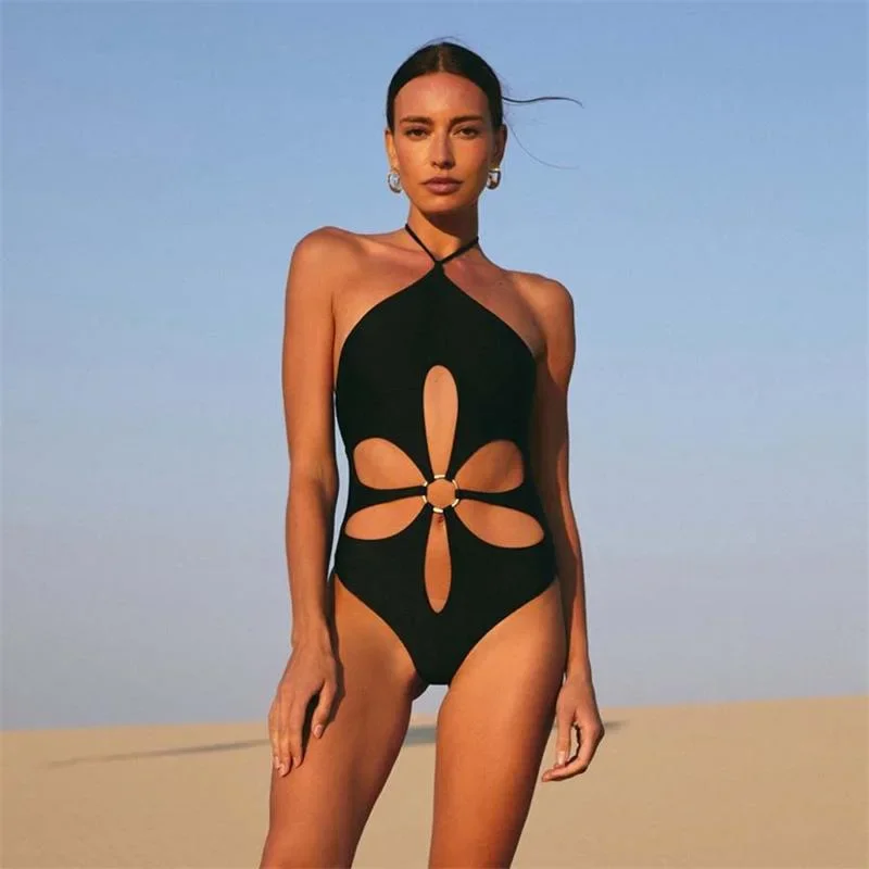 New Sexy Strapless Openwork Halterneck One-piece Swimsuit Women's European and American Solid Color Wholesale