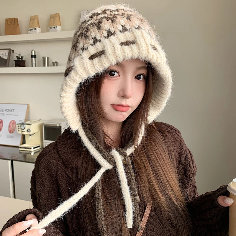 Winte Women New Lace Up Wool Blended Knitted Hat Ear Protection Outdoor Pullover Hat Warm Windproof Earflap Cute Beanies Female