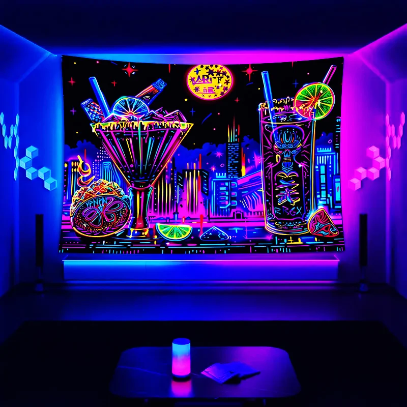 Reactive Neon Cocktail Cityscape Hanging Tapestry, Black Light Responsive Wall Decor for Bar and Party Backdrop