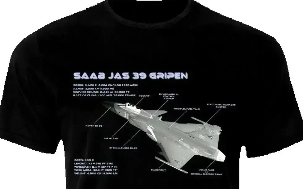 SAAB JAS-39 Gripen Fighter Aircraft Blueprint T-Shirt 100% Cotton O-Neck Summer Short Sleeve Casual Mens T-shirt Size S-3XL