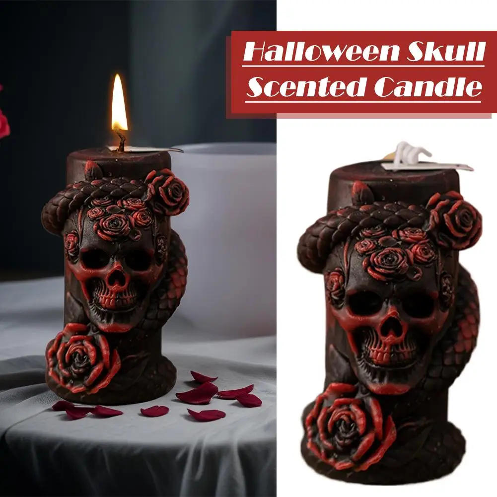 Candela profumata in cera con pilastro di teschio di Halloween, ornamento per candela gotica scura