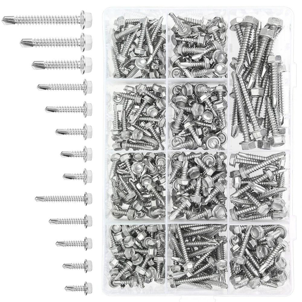 

320pcs Hexagon Socket Wass Self-drilling Screws Box 8# 10# 14# 410 Stainless Steel Hexagon Dovetail Self-tapping Drywall Screws