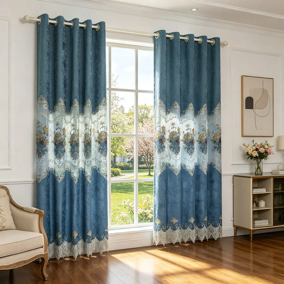 2 Panels European Lace Embroidery Grommet Curtains, Blue Chenille Full Blackout Window Drapes, Luxury Floral Sheer Spliced Thermal Soundproof Curtain for Bedroom Living Room