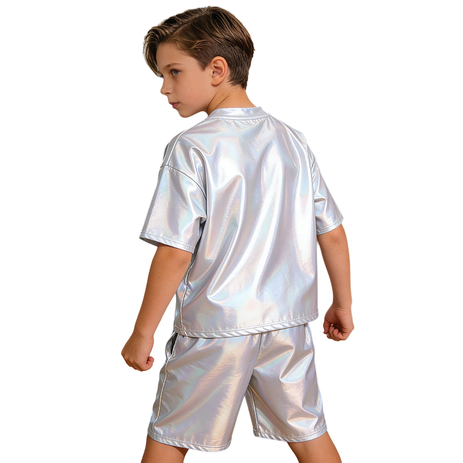 Boys 2 Pieces Metallic Outfit Hip Hop Jazz Dance Costume Round Neck Short Sleeve T-shirt with Shorts for Stage Performance Party