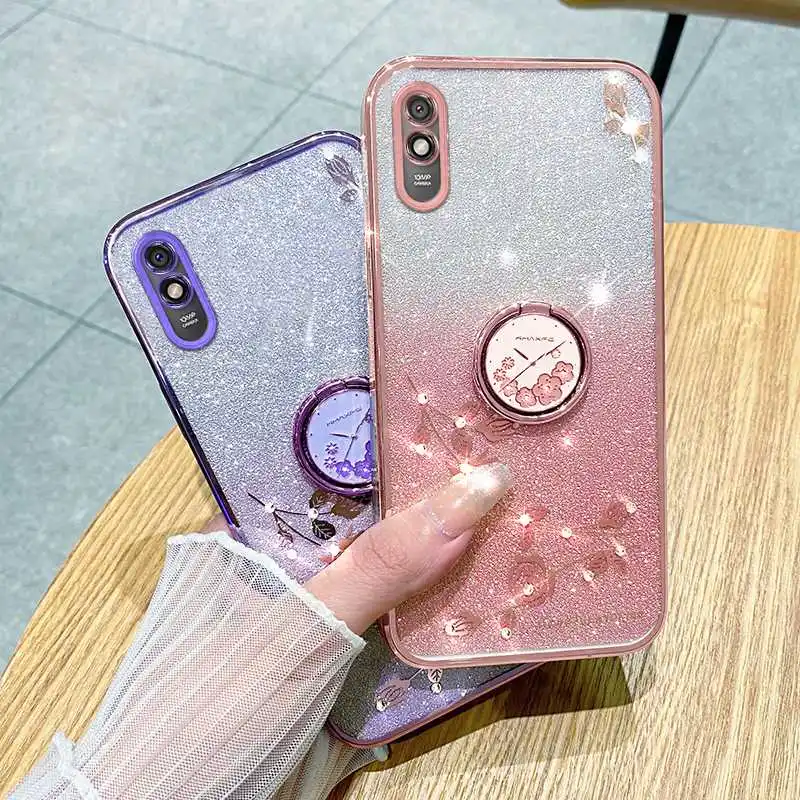 

Floral Rhinestone Bling Soft Case For Xiaomi Redmi 10a 10c 10 2022 4G 2021 Prime Flower Pattern Phone Case With Ring Holder