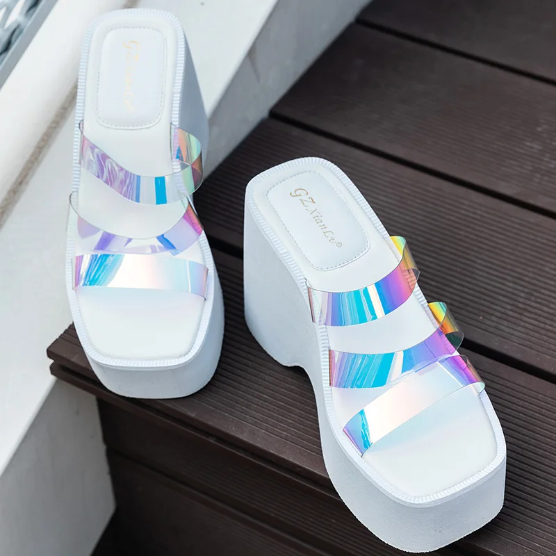 

Summer Women Sandals Transparent Slip-on Slippers Sexy Slip-On 11.5CM Wedges Square Toe British Style Casual Women Shoes 35-43