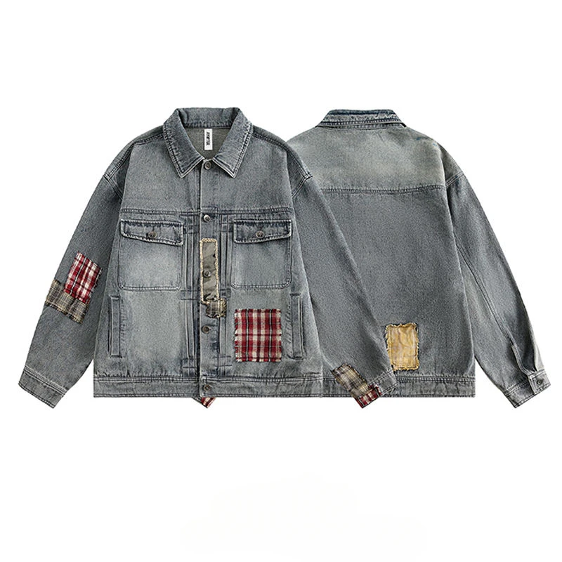 BEIANJI men clothing 2025 new American retro splicing plaid patch denim jacket men's spring trend design sense new men jacket
