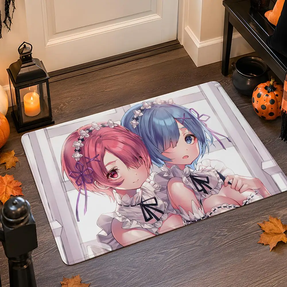 R-Rem & R-Ram Anime Floor Mat Flannel Rug Non Slip Absorbent Soft Washable For Entryway Hallway Bathroom Kitchen Decor