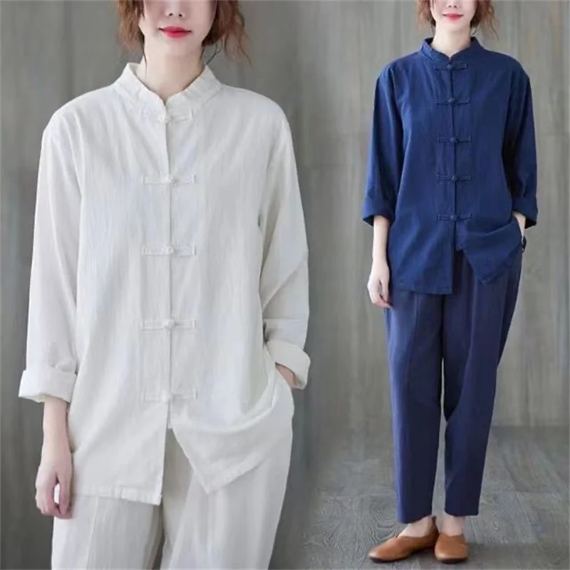 Women Vintage Cotton Linen Casual Shirts Chinese Style Vintage Solid Color Loose Female Long Sleeve Tops WY1013