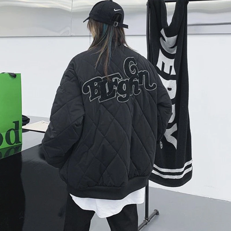 Flocking Embroidery Hip Hop Letter Jackets for Men Black Oversized Winter Coat Thicken Padded Puffer Jacket Harajuku Streetwear