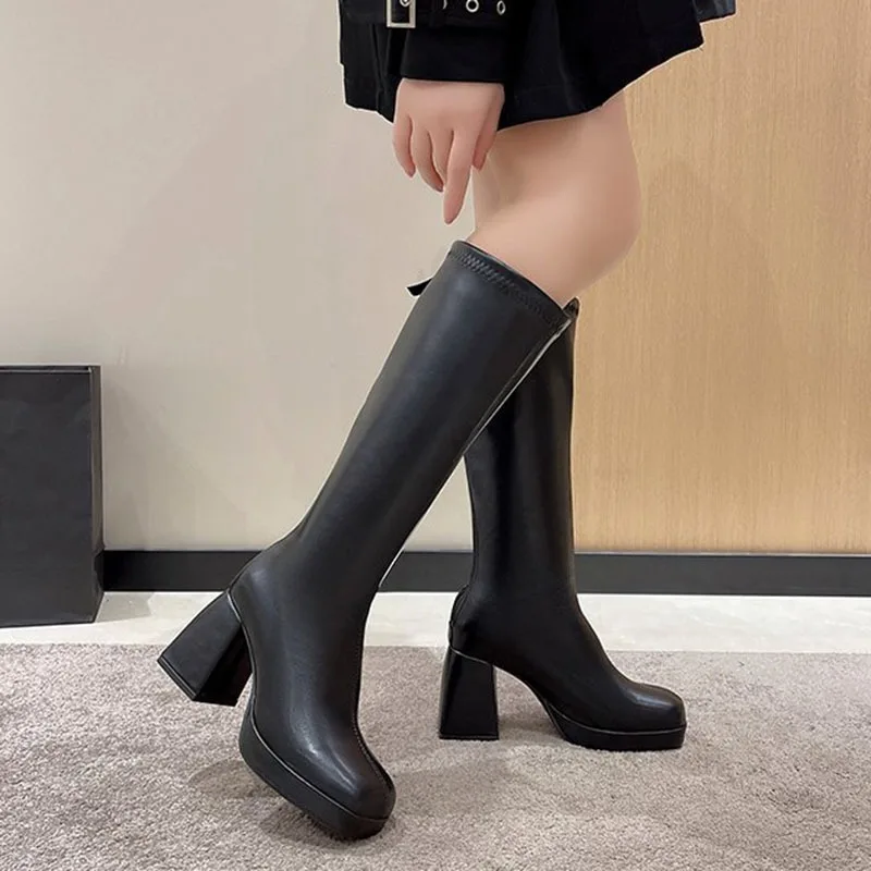 Nowe buty do kolan damskie kwadratowe obcasy dorywczo zimowe długie buty buty damskie projektant okrągłe Toe Zip moda fajne rycerz Bootties