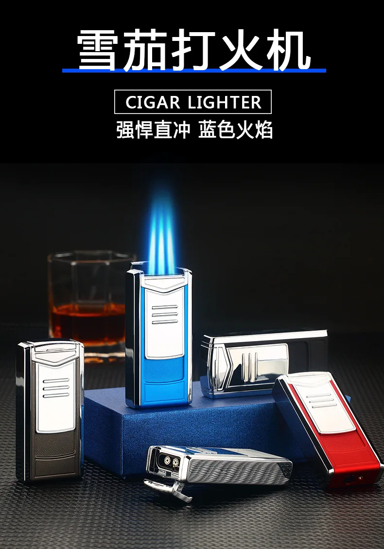 

Creative Men's Windproof Gas Lighter 3 Jet Blue Flame Heavy Duty Cigar Lighter cool torch lighter
