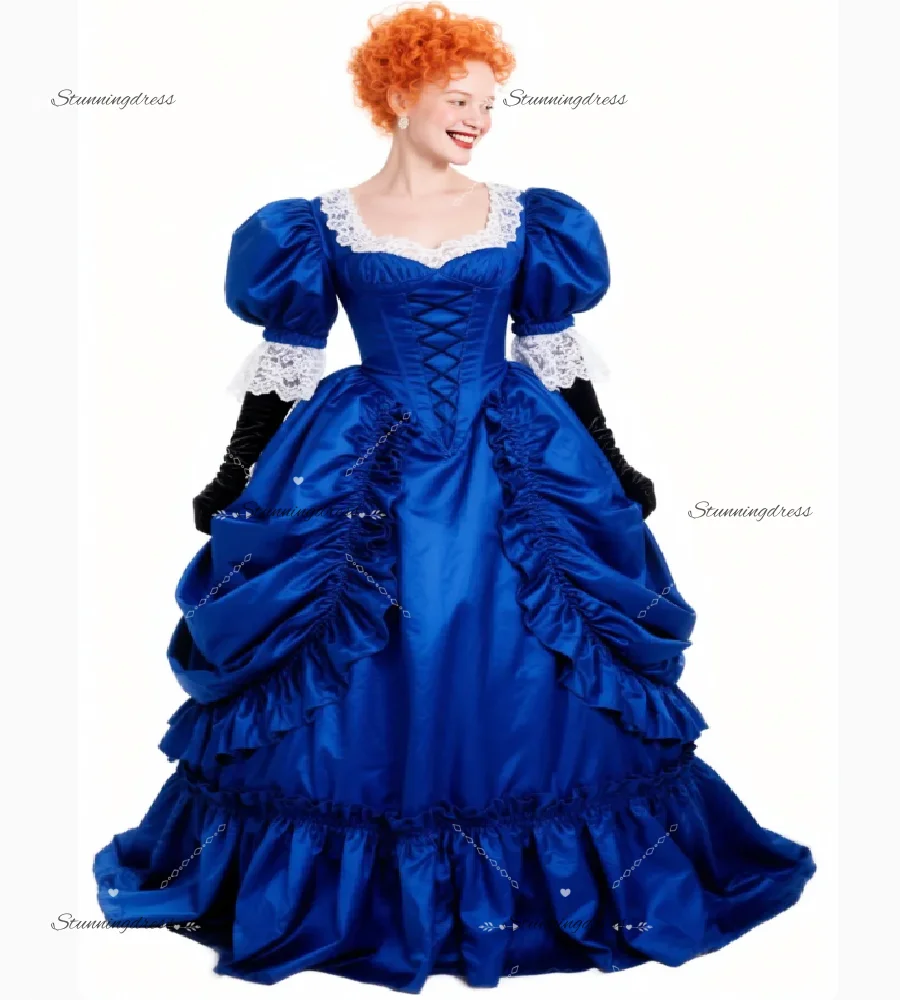 Retro Victorian Evening Dress Puff Sleeve Royal Blue Medieval Prom Dress Satin Pleat 1840s Bustle Formal Dress Marie Antoinette