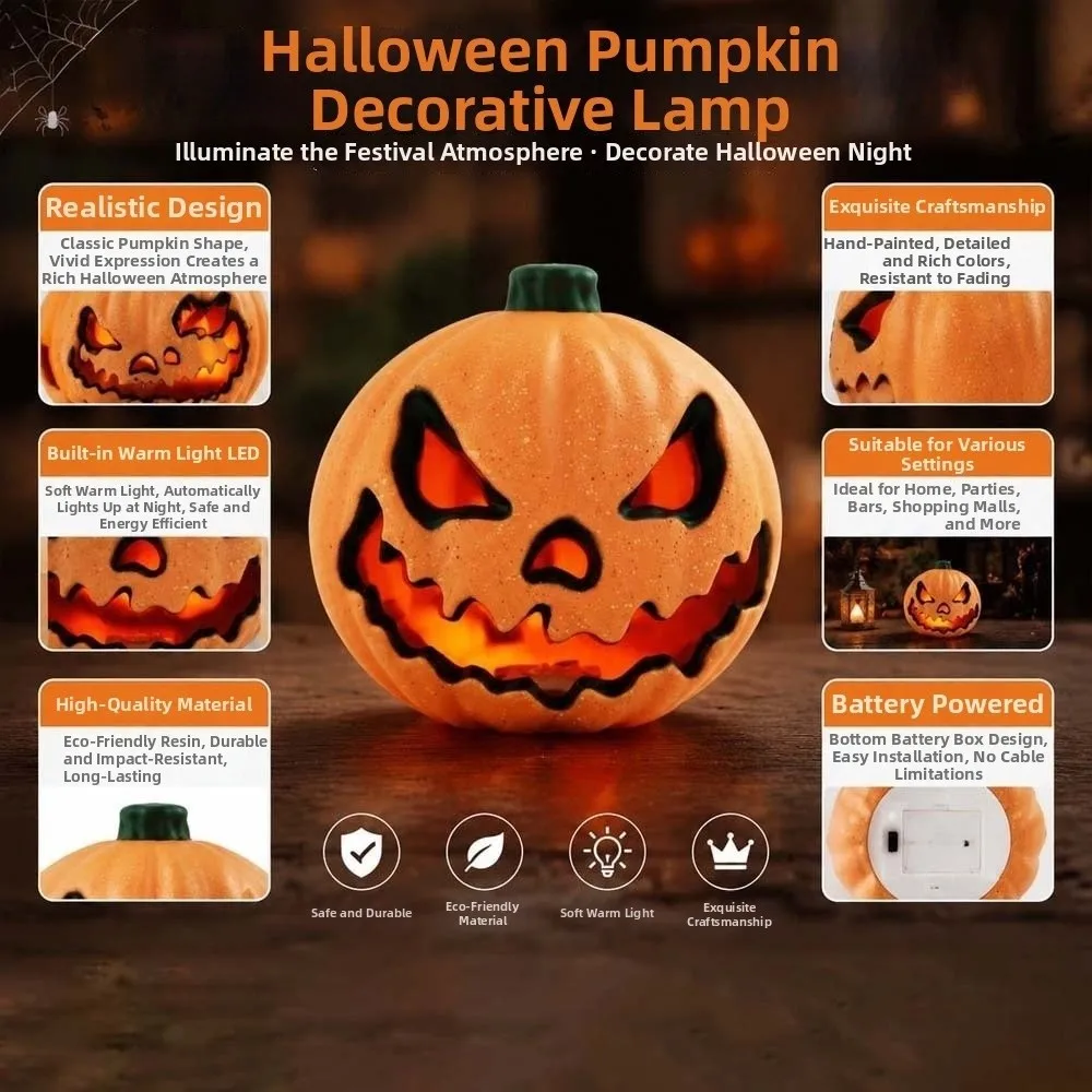Battery Powered Pumpkin Lantern Resin Made Eco Friendly Halloween Lamp Warm Glowing Lightweight LED Pumpkin Store Display