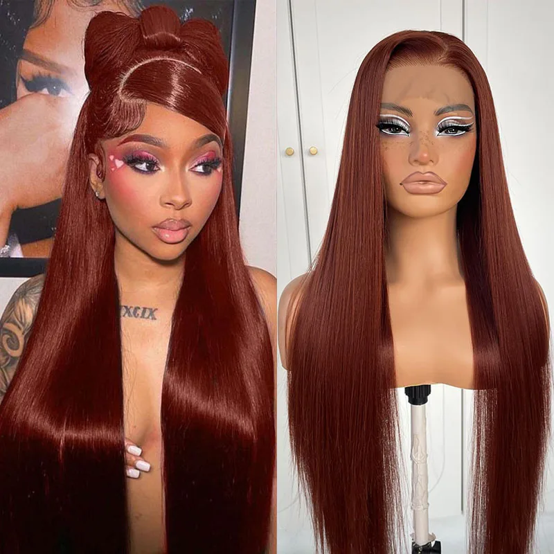 

Красновато-коричневый парик 13x6, кружевной фронтальный парик, бразильский прямой парик из натуральных волос для женщин, предварительно сорванные бесклеевые парики из человеческих волос для женщин