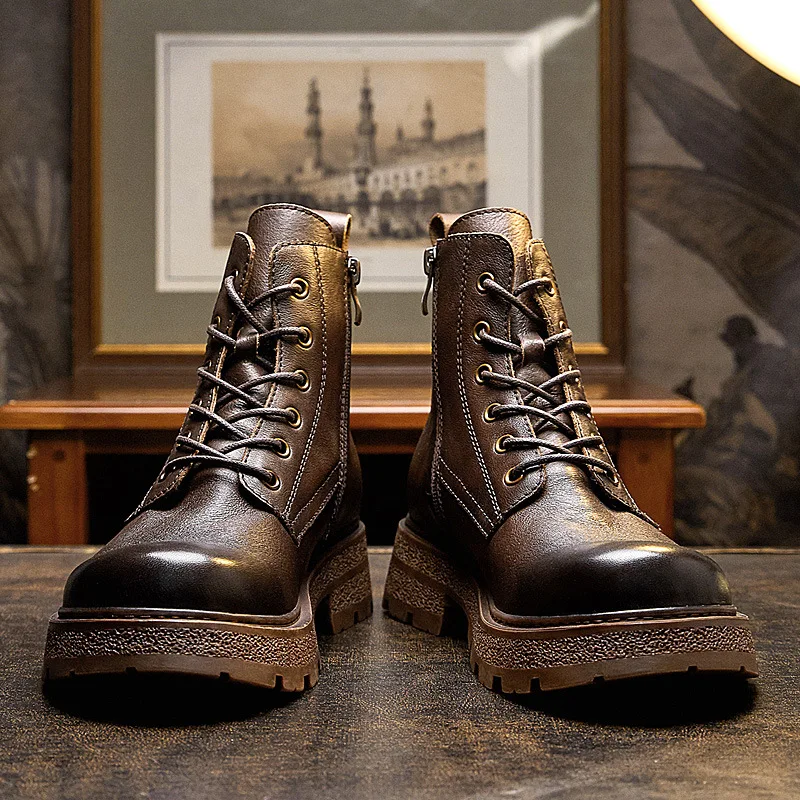 Retro Style Men's Genuine Leather Ankle Boots 2024 Luxury Brand Handmade Comfortable Classic British Trend Platform Boots Shoes image 3