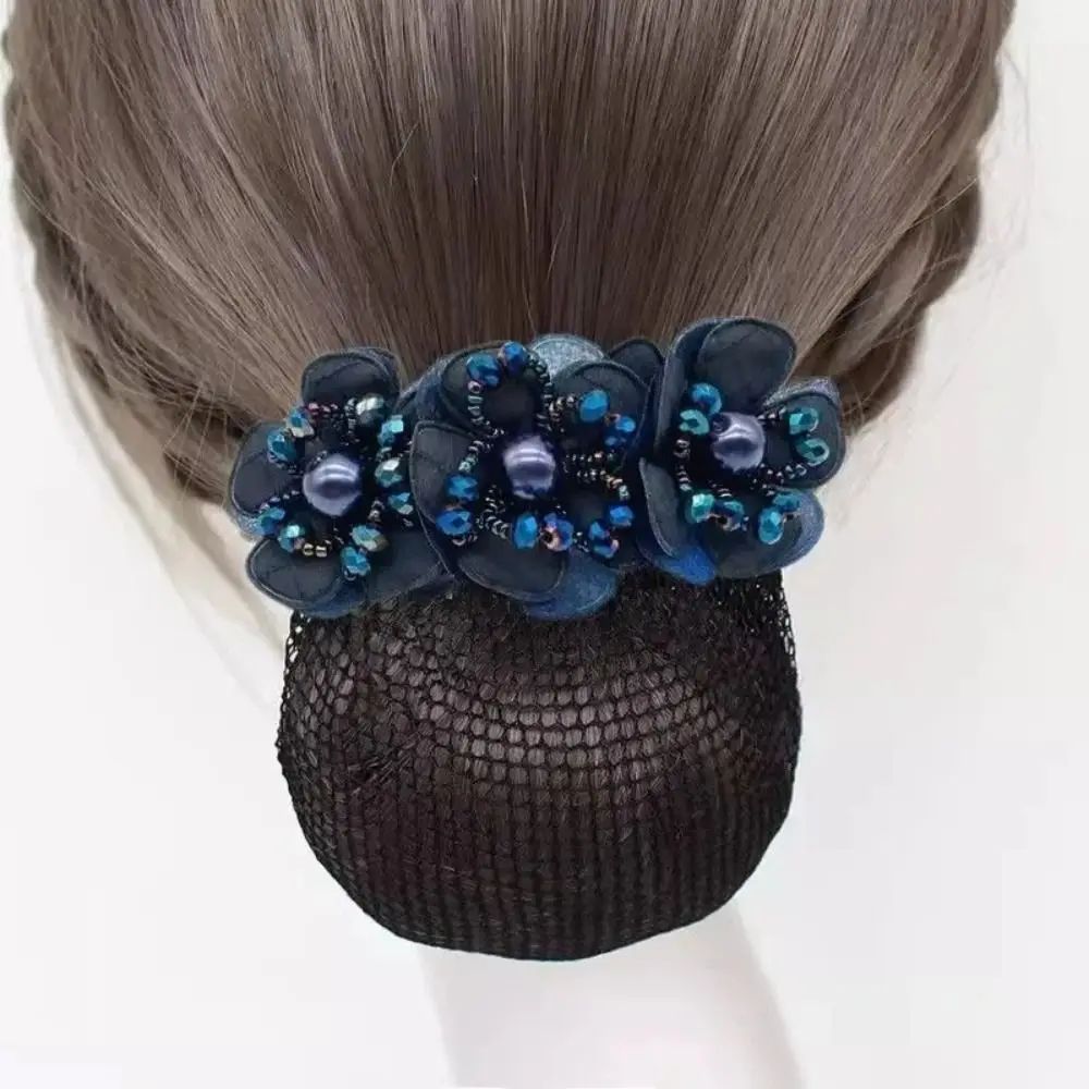 Cloth Hair Bun Net Korean Style Pearl Flower Decor Office Hair Flower Elastic Hair Net Spring Clamp Spring Hair Clip Daily