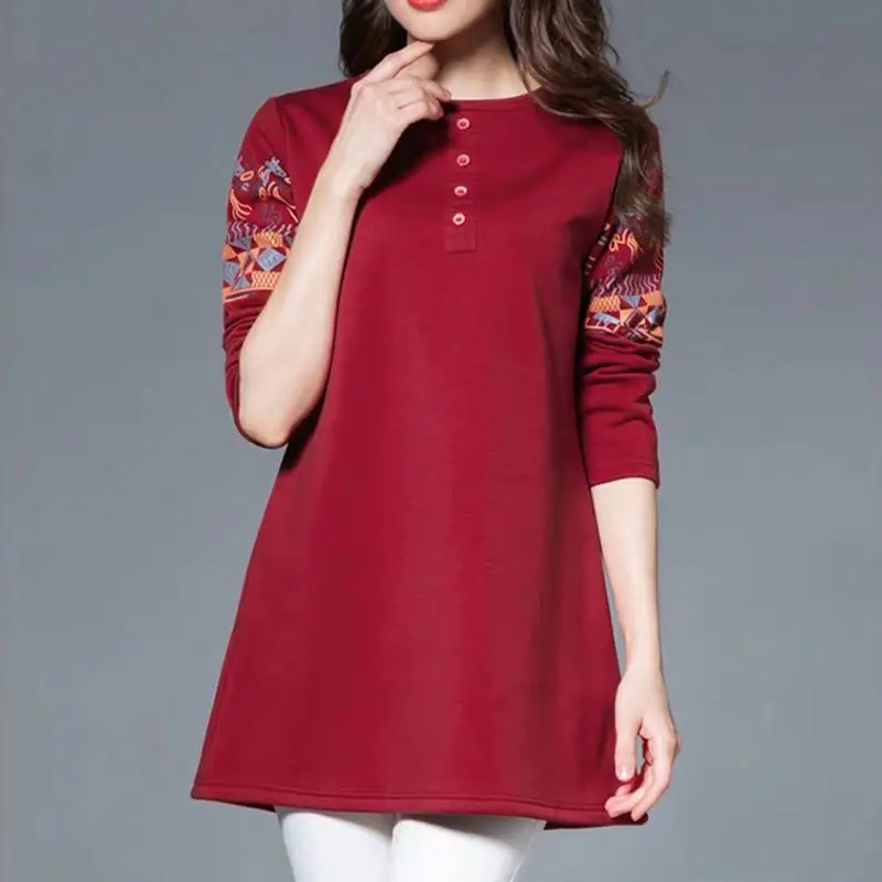 Women\'s Clothing Korean Fashion Vintage Ethnic Style Print Elegant T-shirts Casual Round Neck Long Sleeve Loose Basic Tunic Tops