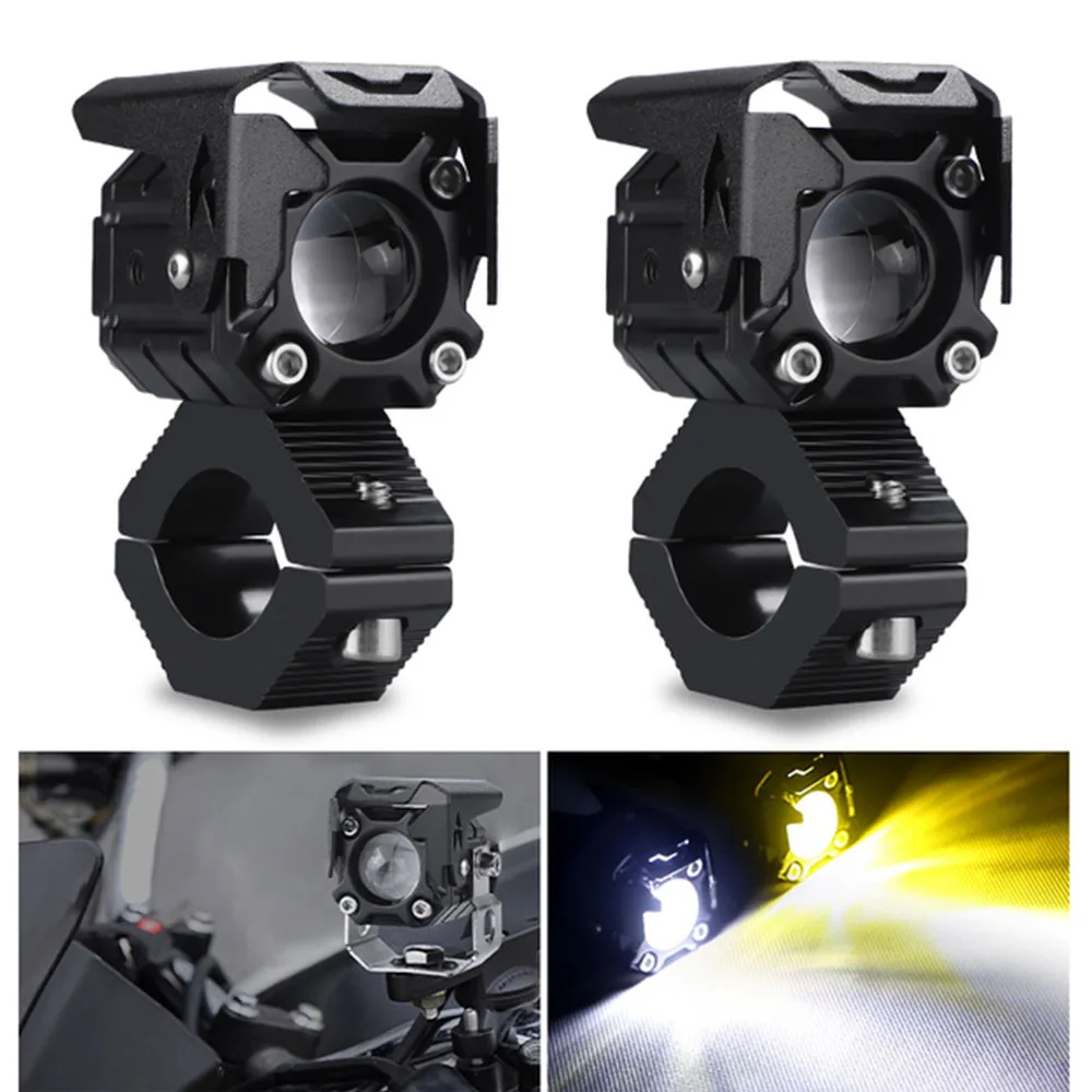 Motorcycle LED Headlight Auxiliary Spotlight Yellow White Dual Color Fog Light 10V-28V 30W Mini projector Lens LED Lamp Moto