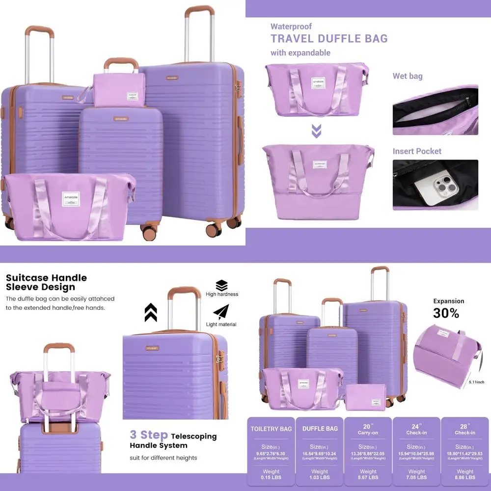 

5-piece luggage set with double spinner wheels, tsa lock, hardshell cases, and travel duffle bag, including carry-on luggage
