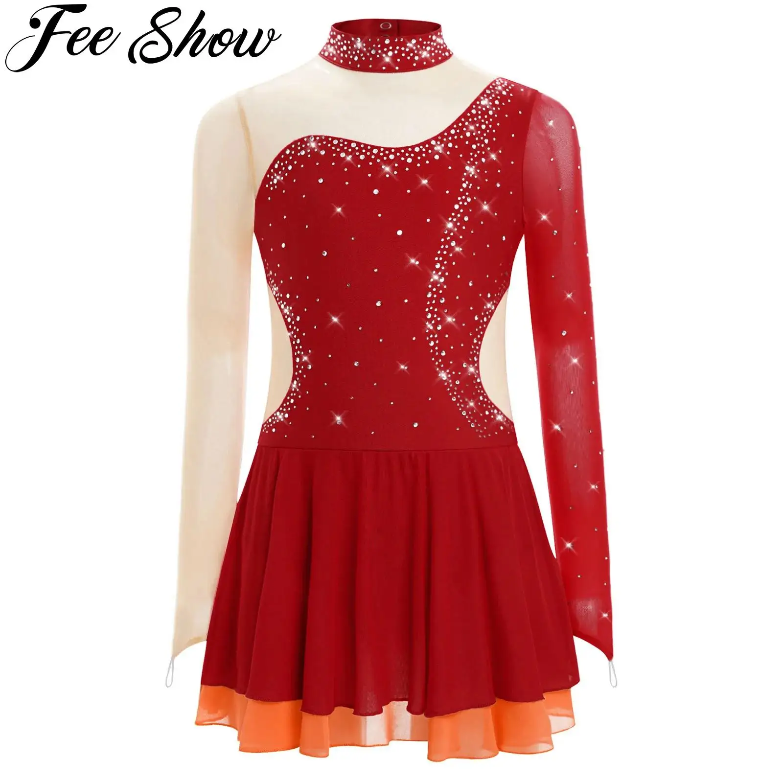 

Kids Girls Figure Skating Dress Lyrical Ballet Dance Rhythmic Gymnastics Performance Costume Long Sleeve Rhinestones Leotard