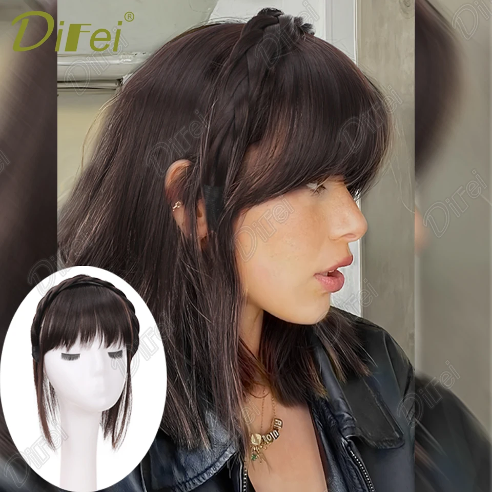

DIFEI Synthetic Wig Straight Hair Extensions Wig With Bangs Straight Wig Braid Headband All-in-one For Women Daily Use
