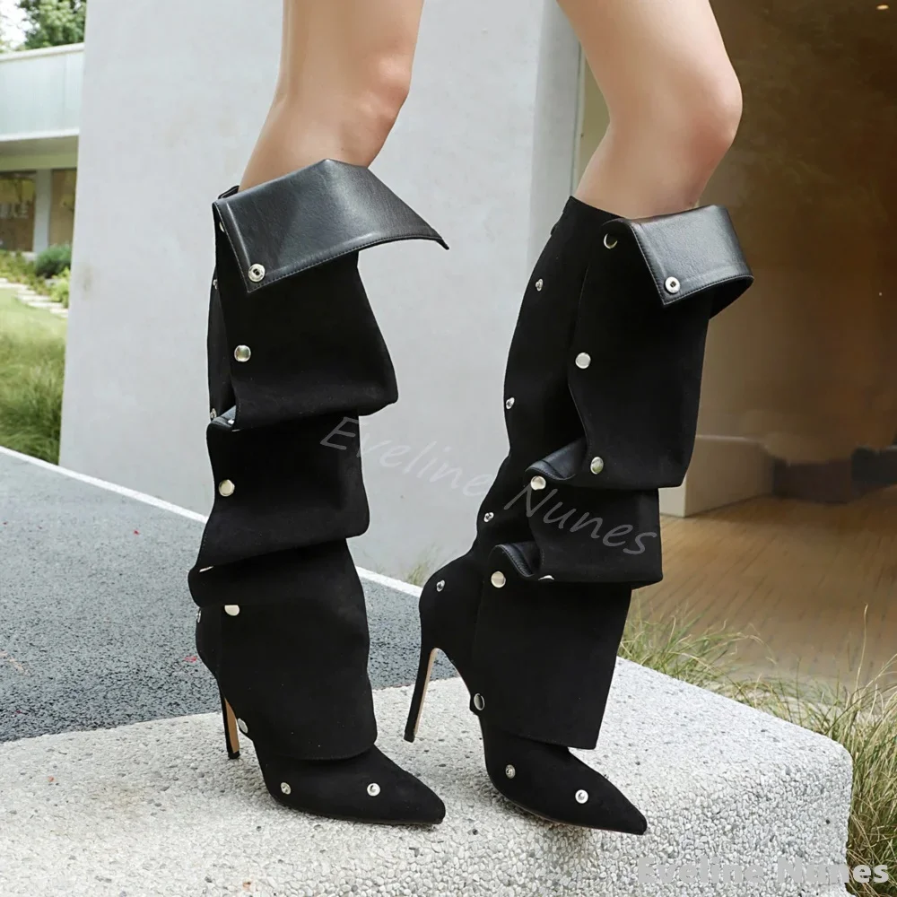 

Folding Rivet Knee High Boots Women Pointed Toe Stiletto Heel Hot Girl Knight Boots 2025 New Fashion Catwalk Party Long Boots