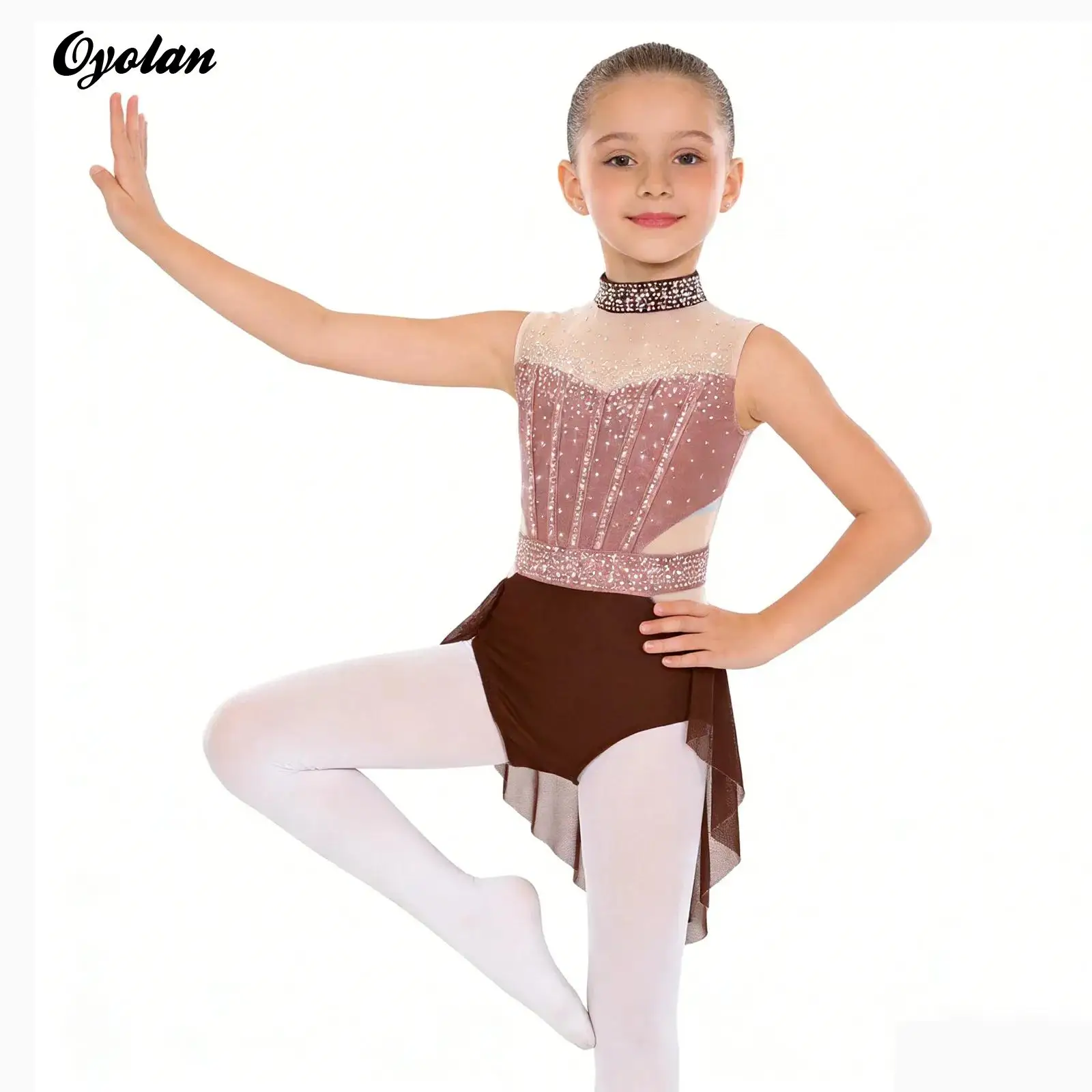 

Kids Girls Rhinestone Ballet Jersey Lyrical Dance Dress Sleeveless Chiffon Irregular Hem Gymnastic Skating Performance Costume