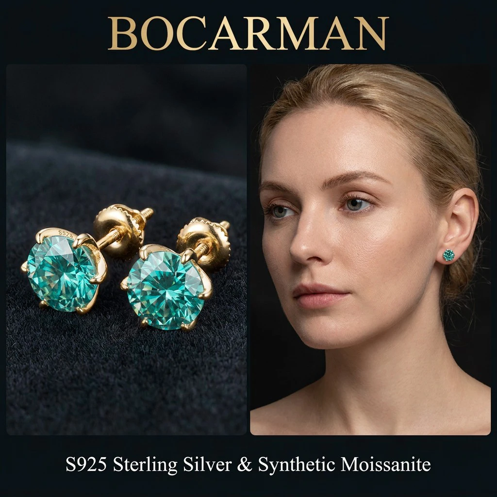 Bocarman S925 Silver Plated 18K Gold GRA Cyan Moissanite Earrings for Women&Men Fine Jewelry Classic Daily Wear