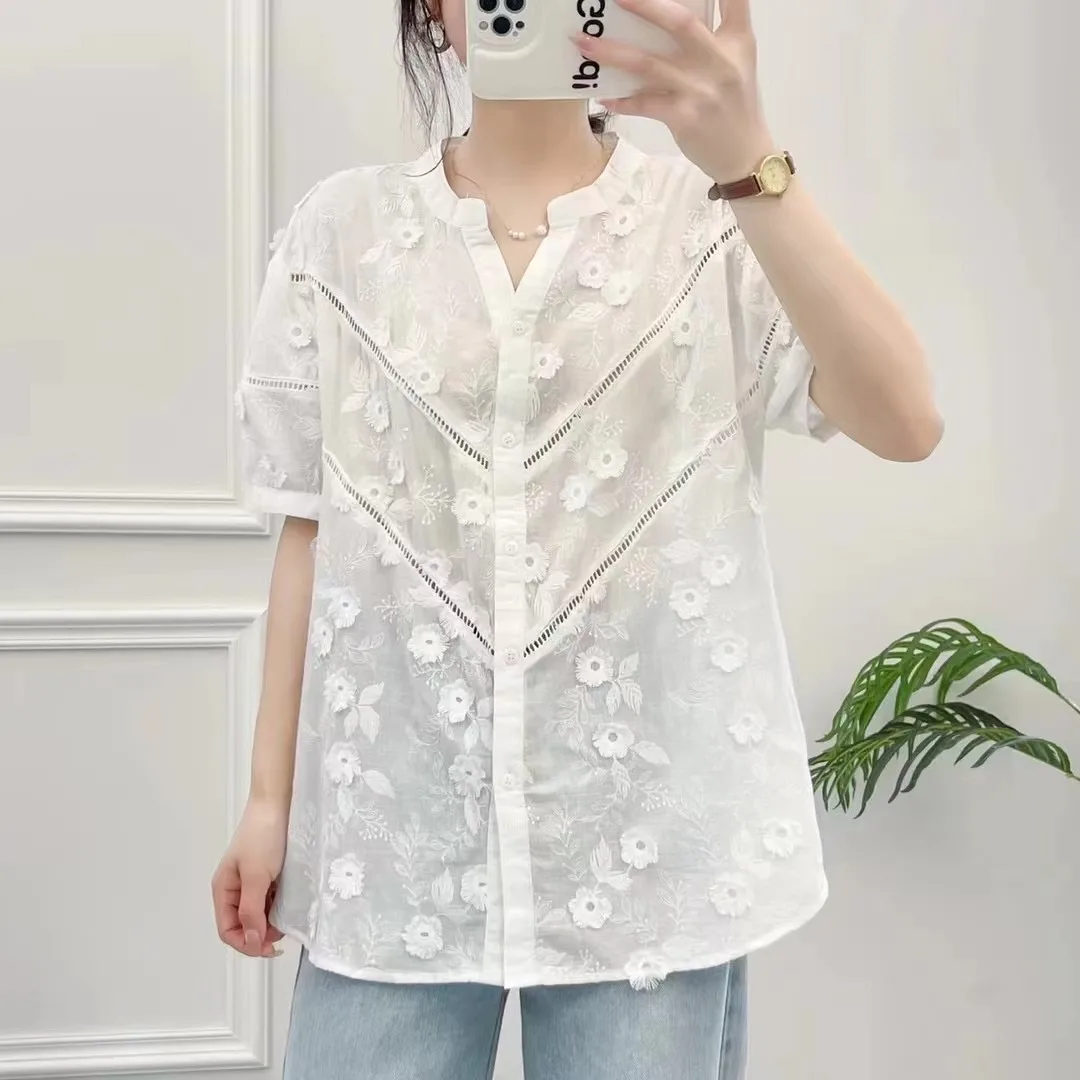 New Spring Cotton Shirts Embroidery Women Short Sleeve Floral Single Breasted Tops Girl Loose Blouses 2024 Summer T44375QM