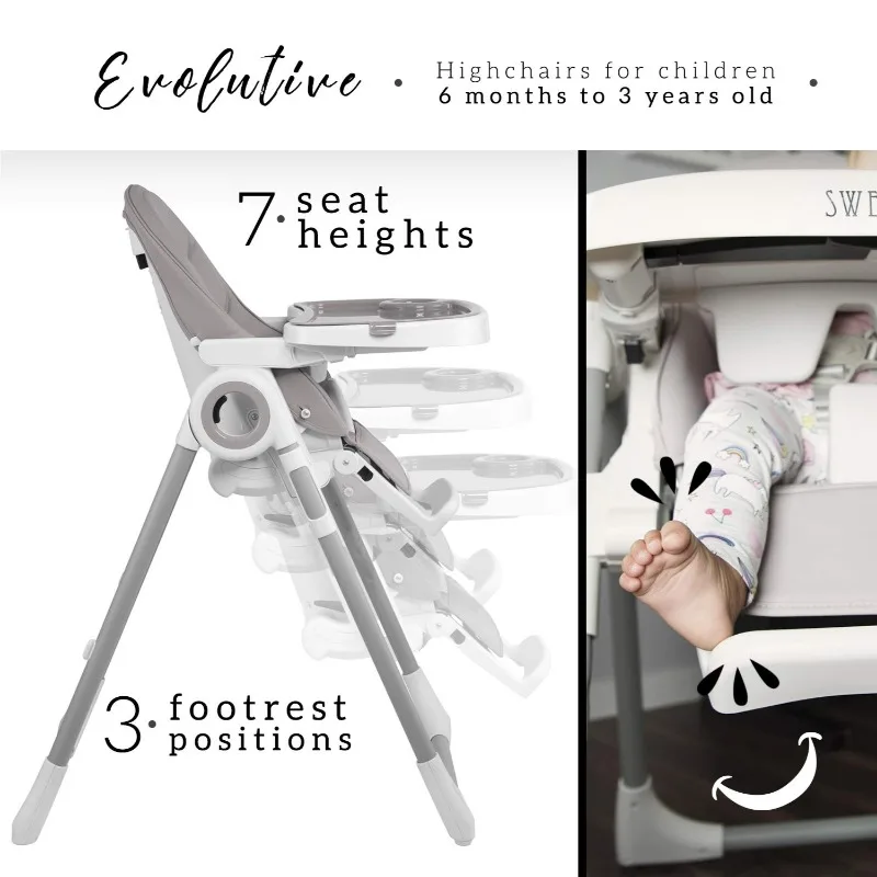 Sweety Fox Baby High Chair Adjustable to 7 Different Heights - Grey Baby Chair - Silla para Comer de Bebe - Foldable High Chairs