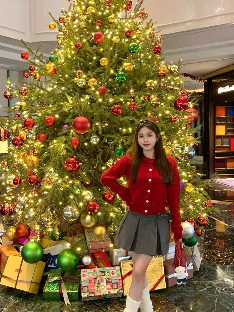 

Вязаный шерстяной свитер ручной работы Cisas круглый открытый кардиган красного цвета новогодний свитер для девочек Sweet Sle стандартной посадки