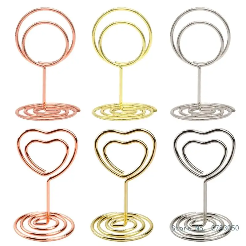 10pcs Metal Photo Holder Round/Heart Shape Paper Clamps Stands Table Number Holders Place Card Clips for Wedding Party Decor